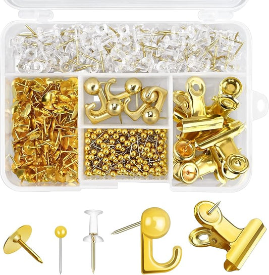 350 Pcs Gold Push Pins Set 5 Styles Decorative Thumb Tacks Assorted Push Pins for Bulletin Board, Cork Board