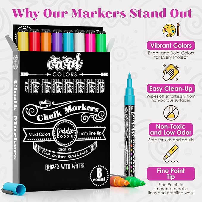 Loddie Doddie Fine Tip Liquid Chalk Markers - Pack of 8 1mm Neon Colors - Erasable Low-Odor Dry Erase Chalk Markers for Chalkboard, Blackboard & Glass