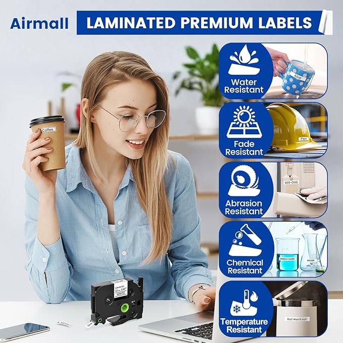 Airmall Tze 12mm 0.47 Laminated White Label Maker Tape Refill Compatible with Brother Ptouch Tape 12mm 0.47 White TZe-231 TZe231 for PT-D220 1180 1280 1290 1750 1830, 8 Pack