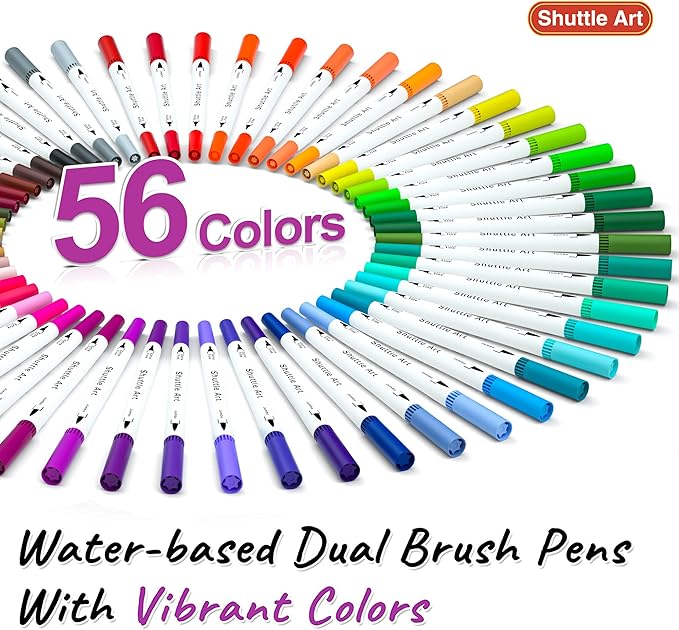 Shuttle Art Dual Brush Marker Pens, 56 Colors Water-based Ink, Dual Tip Calligraphy Pens Fineliner and Brush Tip perfect for Kids Adult Artist, Hand Lettering, Journal, Doodling, Writing