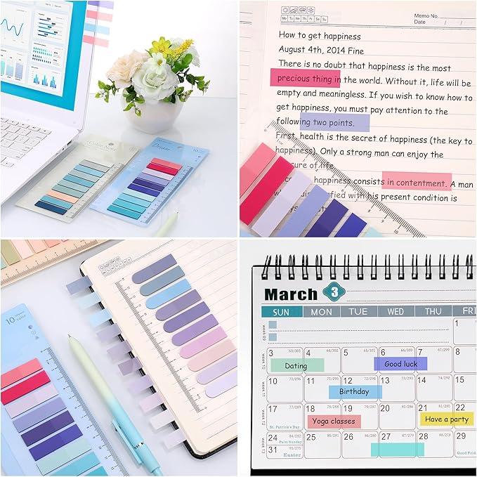 2000Pcs Sticky Tabs with Ruler, 10 Pack Index Tabs, Post It Sticky Notes, Repositionable Book Flags Strip Index Tabs Clear Page Markers for Office School Reading Highlights Classifying