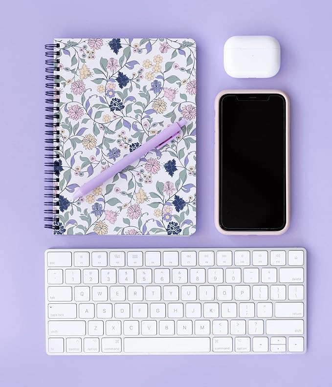 Steel Mill & Co Cute Floral Mini Spiral Notebook, 8.25" x 6.25" Journal with Durable Hardcover and 160 Lined Pages, Purple Vine Ditsy