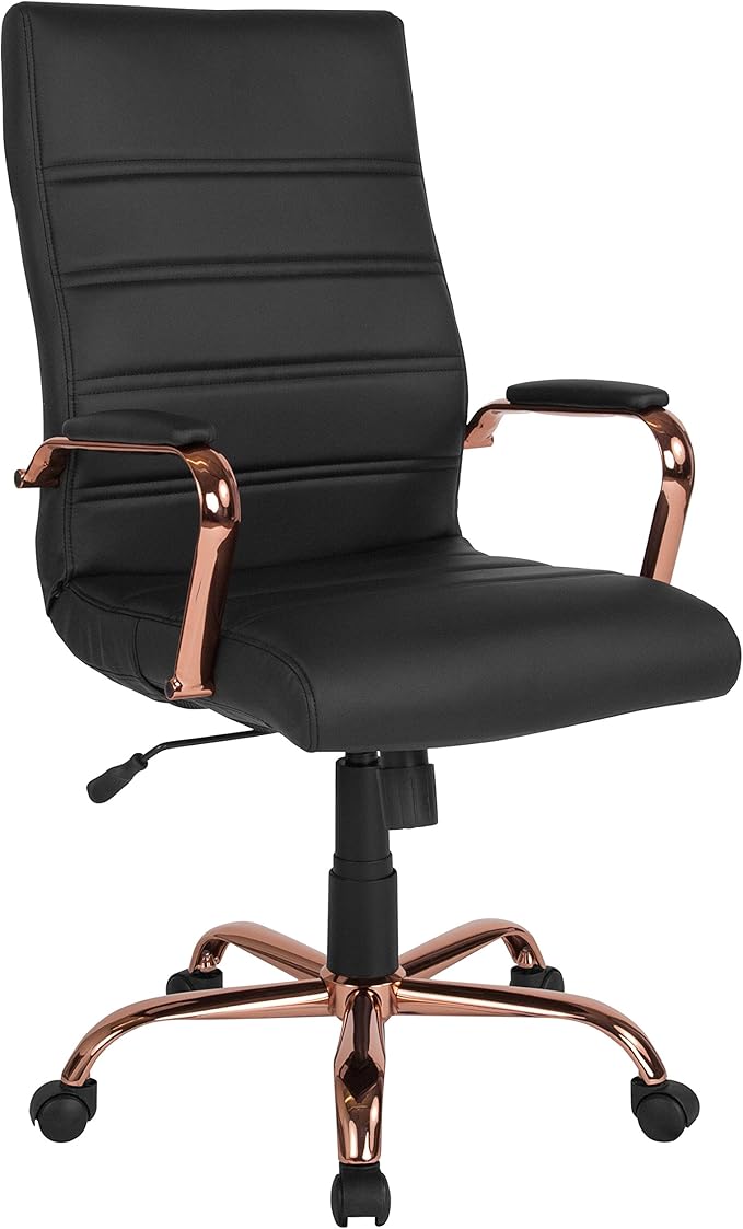 Flash Furniture Whitney High-Back Swivel LeatherSoft Desk Chair with Padded Seat and Armrests, Adjustable Height Padded Office Chair, Black/Rose Gold
