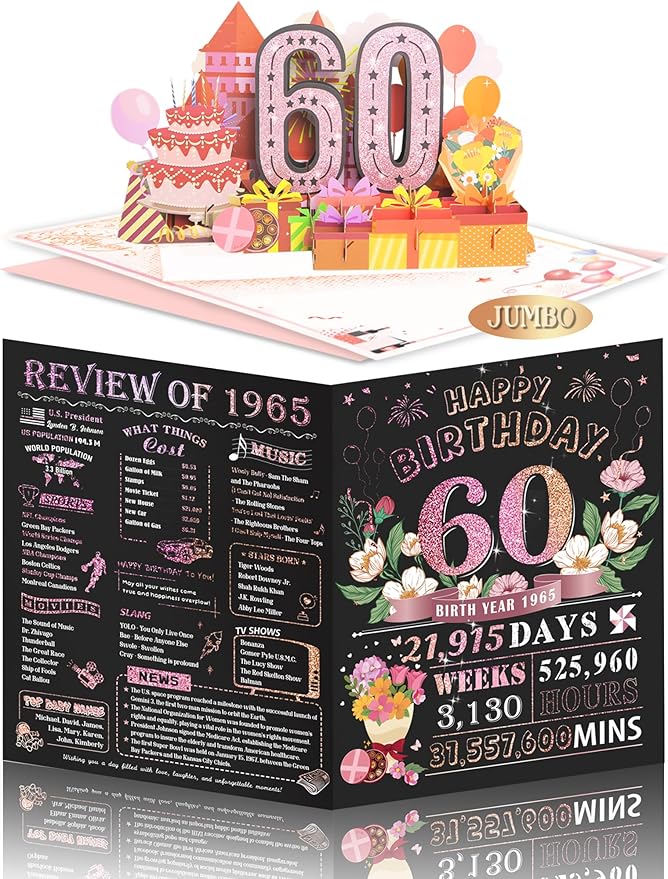 60th Birthday Card for Women Her, Jumbo Pop Up 60th Birthday Cards for Wife Mom, Happy 60th Birthday Decorations for 60 Year Old Women Funny Birthday Gifts, Review of 1965, Pink
