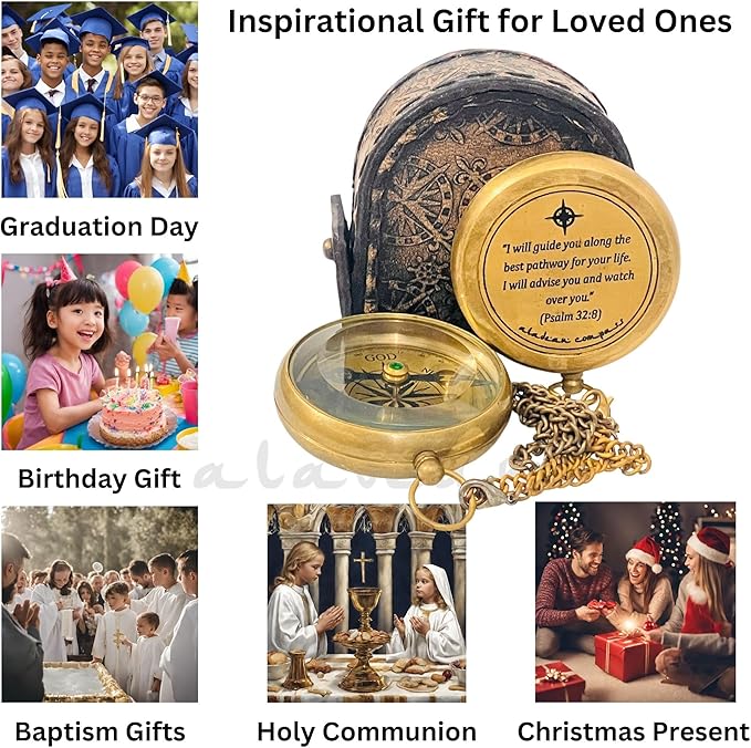 Divine Path Engraved Compass - I Will Guide You - Psalm 32:8" Quote | Inspirational Gifts for Men Women, Uplifting Spiritual Heavenly Faith Gift Boys Girls