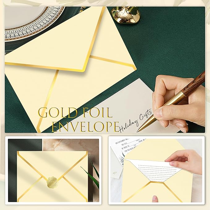 60 Pack Gold Envelopes 5x7 Bulk, 250G Pearled Cardstock A7 Envelopes for Invitations Business Mailing Envelope with Gold Foil Border, A6 4x6 Envelopes for Wedding Baby Shower Cards (Gold)