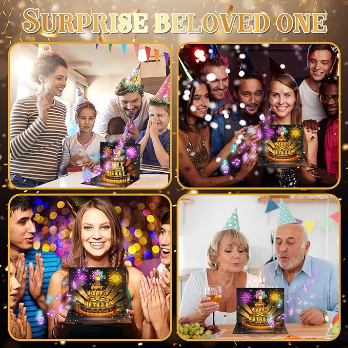 Musical Birthday Card, 3D Pop Up Card with Music and Light, Firework Greeting Card with Interactive Blowable Candle, Birthday Gift for Her Him Mom Grandma Wife Husband