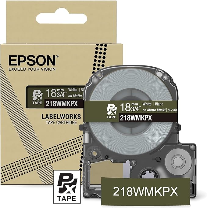 Epson LABELWORKS 218WMKPX Genuine PET (Polyester) Tape Cartridge - White on Matte Khaki Designer Craft Label Maker Tape - 3/4" (18MM) Wide, 26'