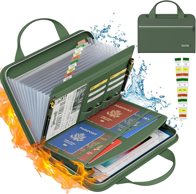 Tamfile Fireproof Accordion File Organizer with Handle, 13 Pocket Expanding File Folder with Zipper & Labels, File Folder with Multi-Pockets Paper Organizer Folder for Letter A4 Files, Green