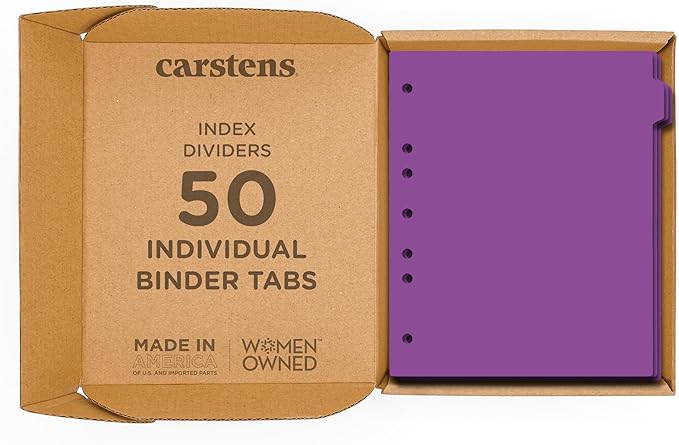 Carstens - Heavy Duty Plastic Ring Binder Dividers, Side Tab, 1/9 Cut, Tab 2 Position, US Letter, Purple, Case of 50, (2618-22CS) - Ideal Medical Chart Dividers or Index Tabs for 3 Ring Binders