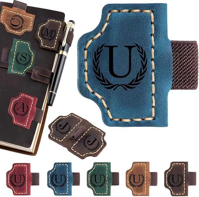 Artlaza Personalized Magnetic Leather Bookmark with Pen Holder - 26 Letters Custom Book Mark with Name Initial Engraved Book Marker for Readers, Book Lovers, Travelers - Gift for Women & Men(Blue，U
