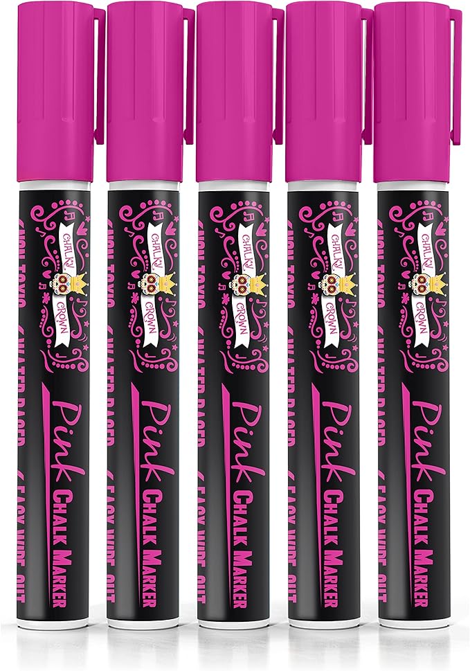 CHALKY CROWN Liquid Chalk Marker Pen - Dry Erase Marker - Chalk Markers for Chalkboard Signs, Windows, Blackboard, Glass - 6mm Reversible Tip (Pink, 5 Pack)