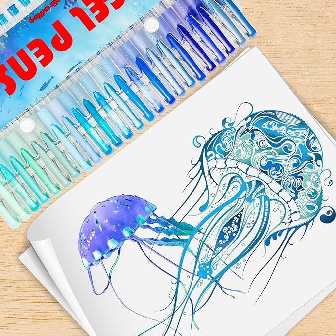 Blue Gel Pens for Coloring Book,72 Color Gel Pens Set including 24 Color Gel Pen with 48 Refills,40% More Ink Colored Gel Pens for Drawing, Doodling, Scrapbook, Journaling