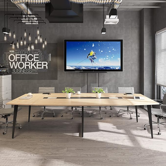 Tribesigns 8FT Conference Table, 94.48L x 47.21W x 29.52H Inches Boat Shaped Meeting Table with Rectangle Grommet, Modern Seminar Boardroom Table for Office Conference Room (Light Wood Grain, 8ft)