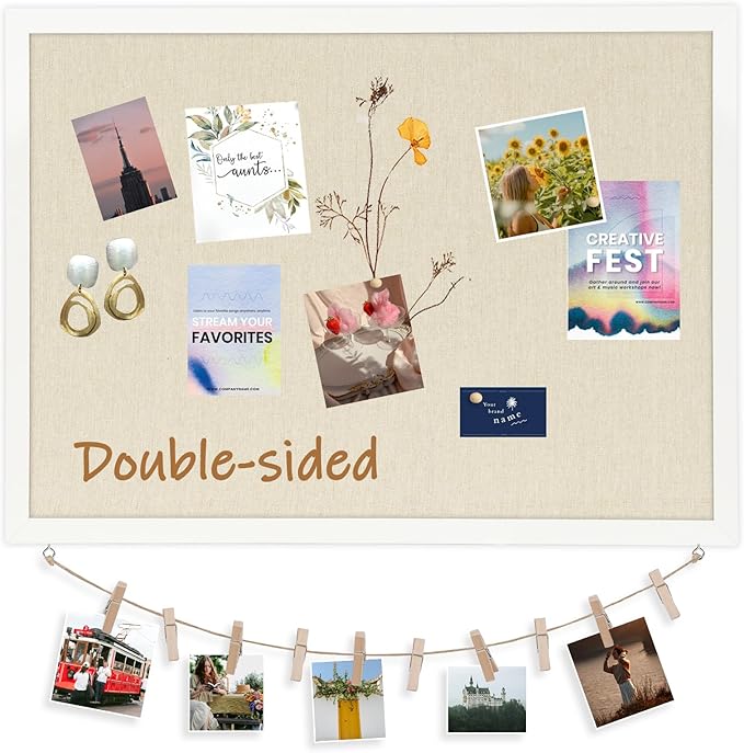 DOLLAR BOSS Cork Board Bulletin Board with Linen Double-Sided 24" x 18" Linen Corkboards for Walls Picture Display Vision Board for Office Home School Framed Picture Pin Board, 20 Pushpins 10 Clips