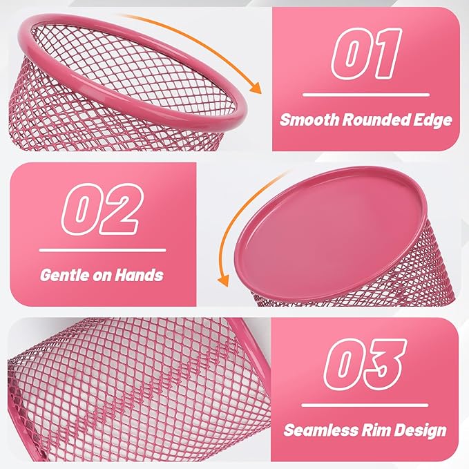 Segarty Pen Holer, 12 Pack Round Dark Pink Pencils Holder for Desk, Metal Mesh Pen Cup Container Marker Organizer Set for Office, School, Home, Desktop Storage and Organization