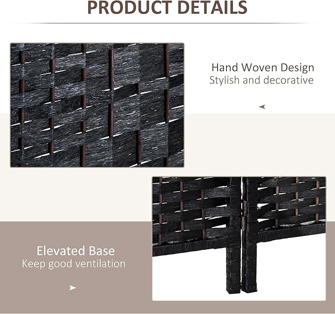 HOMCOM Room Divider, 3 Panel Folding Privacy Screen, 6FT Tall Portable Wicker Weave Partition Wall Divider for Bedroom, Home Office, Black