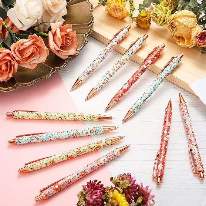 Glenmal 12 Pcs Flower Pens for Women Floral Ballpoints Pretty Fancy Pens Retro Floral Cute Ballpoints Black Ink Metal Retractable Writing Journaling Gifts for Office Supplies