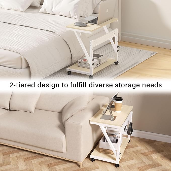 Computer Tower Cart - Height Adjustable PC Stand, 2-Tier ATX-Case CPU Holder Home Office Gaming Desk Accessories with Rolling Lockable Wheels, Laptop Table Standing Computer Desk, Natural White