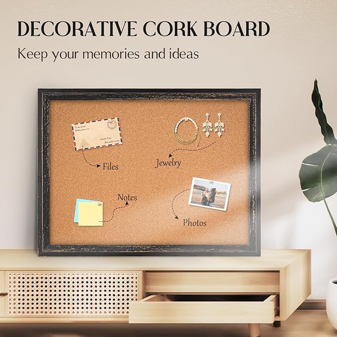 Cork Board Bulletin Board, 30" x 20" Corkboard for Wall, Rustic Black Wooden Frame, Decorative Hanging Pin Board for Home Office Room Decor, 10 Push Pins