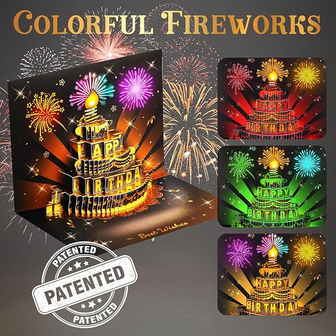 Musical Birthday Card, 3D Pop Up Card with Music and Light, Firework Greeting Card with Interactive Blowable Candle, Birthday Gift for Her Him Mom Grandma Wife Husband