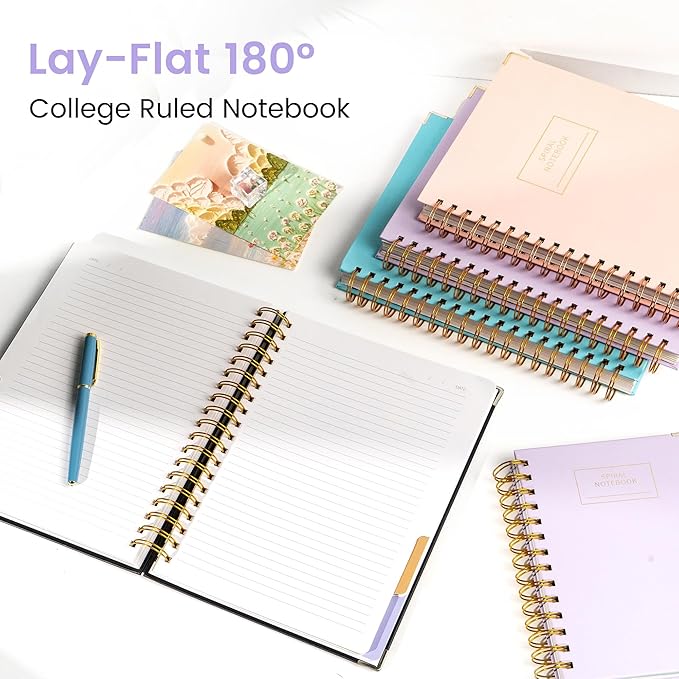 Hardcover Spiral Notebook with Tabs 8"x10" Large Spiral Lined Journals for Women with Dividers 240 Pages College Ruled Composition Notebook 5 Subject Notebook for Work, Back to School, Gifts, Purple
