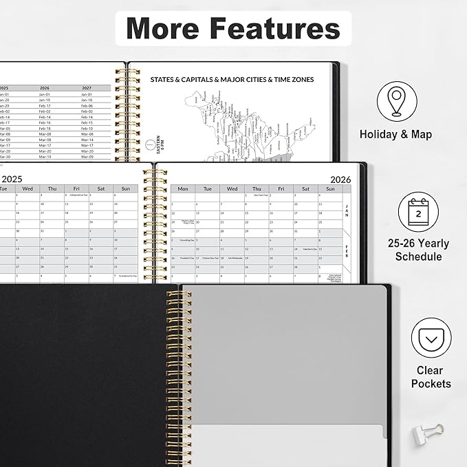 SUNEE 2025-2026 Appointment Book, Quarter-Hourly, Weekly & Monthly - from July 2025 to June 2026, 8.5"x11" Academic Planner, Flexible Cover, Note Pages, Bookmark, Spiral Binding, Black