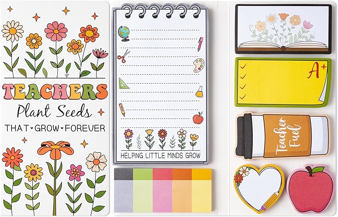 Retro Wildflowers Teachers Sticky Notes Set - Teacher Plant Seeds Self-Stick Note Pads Teacher Appreciation Notepads Writing Memo Pad Page Marker Back to School Office Supplies Thank You Gift