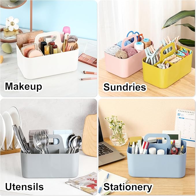 Multiuse Caddy Organizer with Handle - Stackable Plastic Tote Bin - Art Craft Supplies, Office, Desk, Stationery Pen Holder, Kitchen, Utensil, Makeup, Bathroom, Shower, Cleaning, Dorm Organizer - Blue