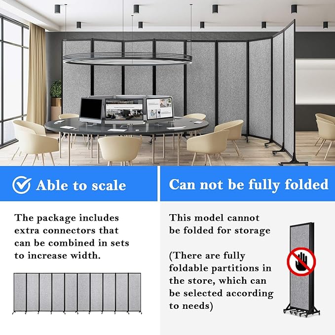 Upgrade Version Room Partition and Divider, Freestanding Rolling Dividers with Wheels,Office Privacy Screen Divider Wall,Classroom Felt Dividers,12'2"L* 6'7"H,6 Panel，Light Grey