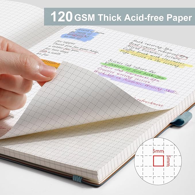 AHGXG Graph Paper Notebook - Grid Notebook Journal, 120 GSM Thick Graph Paper, Large B5 Notebook 96 Pages, Leather Softcover, for Graphing, Writing, Math, Engineering, 7.6'' X 10'' - Gray Blue