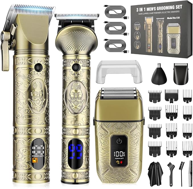 RESUXI Professional Hair Clippers for Men Electric Razor Shavers Nose Hair Trimmer and Detail Trimmer 5 Pcs Set，Cordless Beard Trimmer Barber Clippers for Hair Cutting Mens Grooming Kit