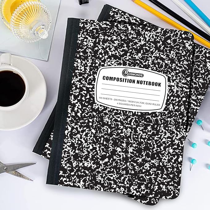Graph Paper Composition Notebook, 5 Pack, 200 Pages (100 Sheets), Quad Ruled Composition Notebook, Graph Notebooks, 4x4 Grid Composition Notebook, Black Marble, Sewn Hard Cover, 9-3/4 x 7-1/2