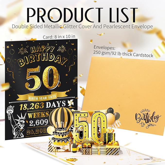 50th Birthday Card for Women Men, Jumbo Pop Up 50th Birthday Cards for Her Him, Happy 50th Birthday Decorations for 50 Year Old Women Men Funny Birthday Gifts, Review of 1975, Black Gold