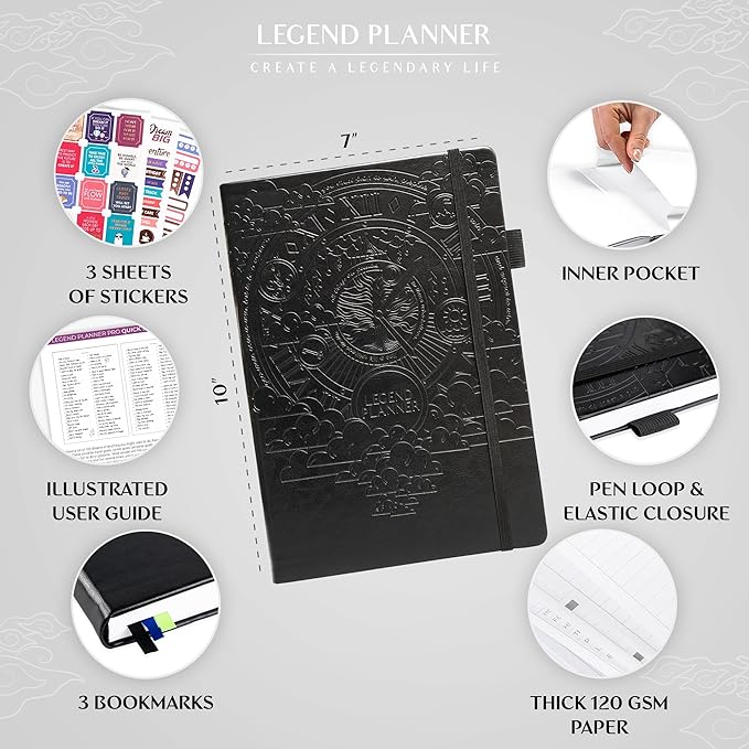 Legend Planner PRO – Deluxe Weekly & Monthly Life Planner to Increase Productivity and Hit Your Goals. Time Management Organizer Notebook – Undated – 7 x 10" Hardcover + Stickers – Black