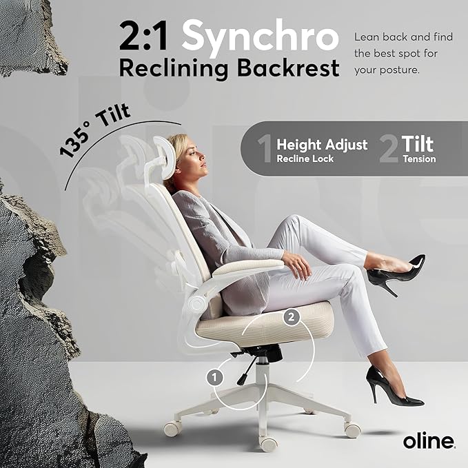 Oline ErgoAir Ergonomic Office Chair – Adjustable Lumbar Support, Flip-Up Armrests, Mesh Computer Desk Chair, Swivel Rolling Executive Gaming Chair for Home & Office (Beige)