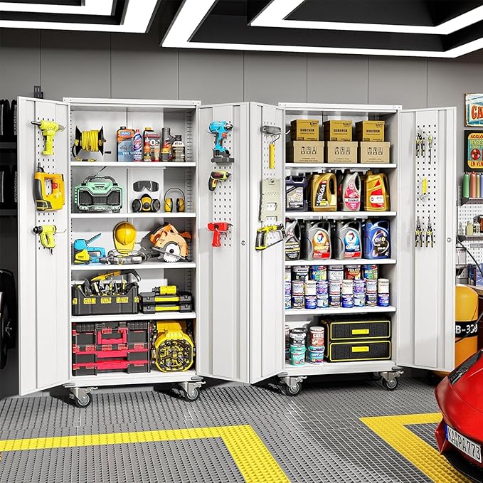 INTERGREAT Metal Garage Storage Cabinet, Lockable Rolling Tool Cabinets with Pegboard and Shelves, 72" Tall Heavy-Duty File Cabinet with Wheels for Garage, Basement, Warehouse, White