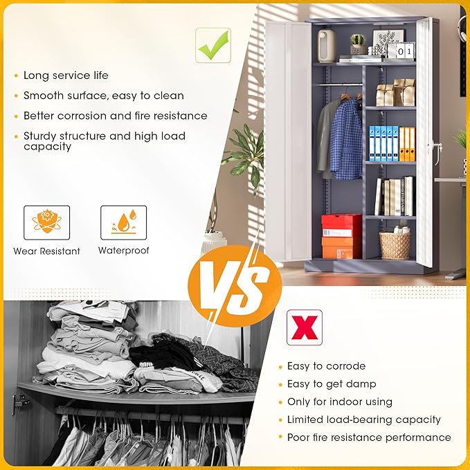 Greenvelly Metal Storage Wardrobe Cabinet with Lock, 72" White Grey Metal Wardrobe Closet for Hanging Clothes with Doors and Shelves, Modern Clothes Closet for Home, Office and Bedroom, School,Gym