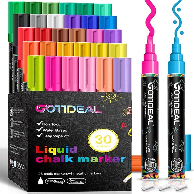 GOTIDEAL Chalk Markers, 30 Colors Liquid Chalk Markers for Blackboard Chalkboard Calendar Glass Neon Pens, Washable Window markers Paint and Drawing for Car, Auto, Bistro,Mirror Wet Erase Chisel Tip