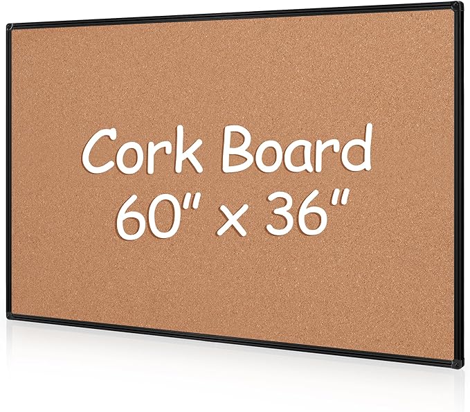 Board2by Extra Large Cork Bulletin Board 60" X 36", Black Aluminum Framed 5'x3' Corkboard for Wall, Wall Mounted Notice Pin Board with 18 Push Pins for School, Home & Office
