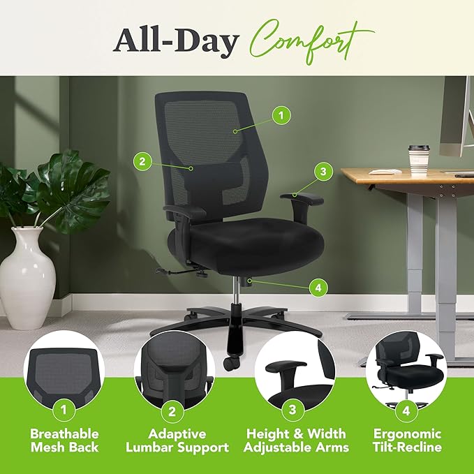 HON Crio Big and Tall Office Chair, 450lbs Weight Capacity, Extra Wide Desk Chair, Heavy Duty Tilt Recline, Swivel Wheels, Comfortable for Long Hours