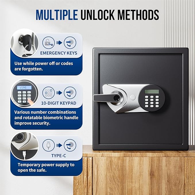 BlackSmith Biometric Safe Box 1.5 Cub Home Security Safe Fingerprint Recognition Money Safe with Keys Keypad Lock Box Secure Jewelry Valuables with Dual Alarm System Fireproof Bag