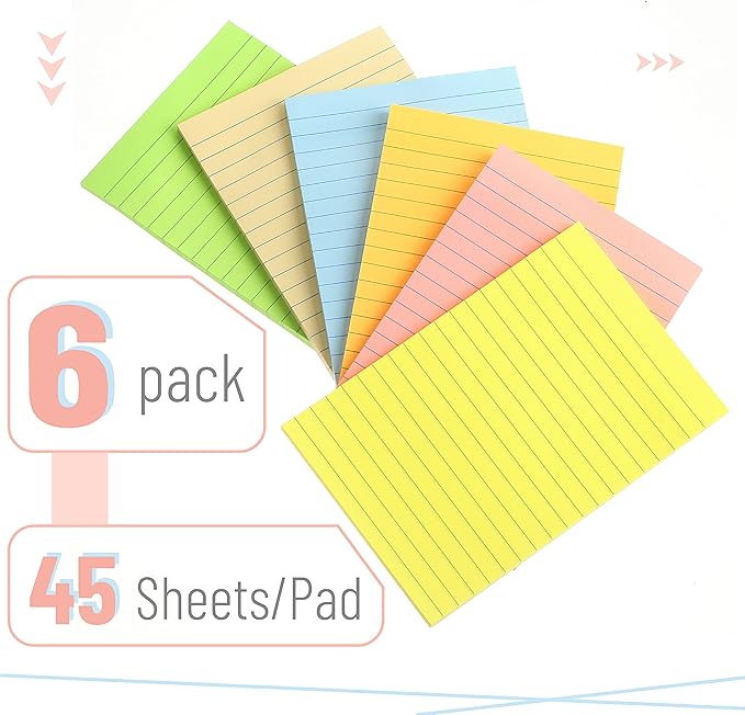Mr. Pen- Lined Sticky Notes 4x6, 6 Pads, 45 Sheets/Pad, Pastel Color, Sticky Notes with Lines, Sticky Pads, Sticky Note Pads, Colorful Sticky Notes, Stickies Notes, Ruled Post Stickies