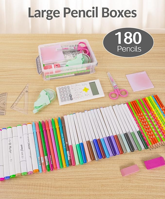 Sooez 6 Pack Extra Large Pencil Box, Plastic Pencil Case Crayon Box Bulk, Clear Marker Organizer Plastic Containers with Lid, Stackable Storage Box for Craft, Pen, Art, School Supply, Pink