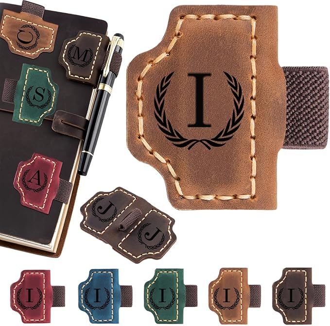 Personalized Magnetic Leather Bookmark with Pen Holder - 26 Letters Custom Book Mark with Name Initial Engraved Book Marker for Readers, Book Lovers, Travelers - Gift for Women & Men(Light Brown，I