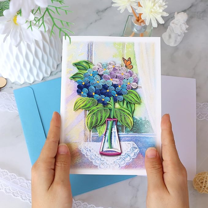 KingKraft Hydrangea Flower Card, Quilling Card, Birthday Card for Women, Anniversary Card for Wife, Valentines Day Card, Mothers Day Card, Thinking of You, Get Well Card for Sister, Daughter