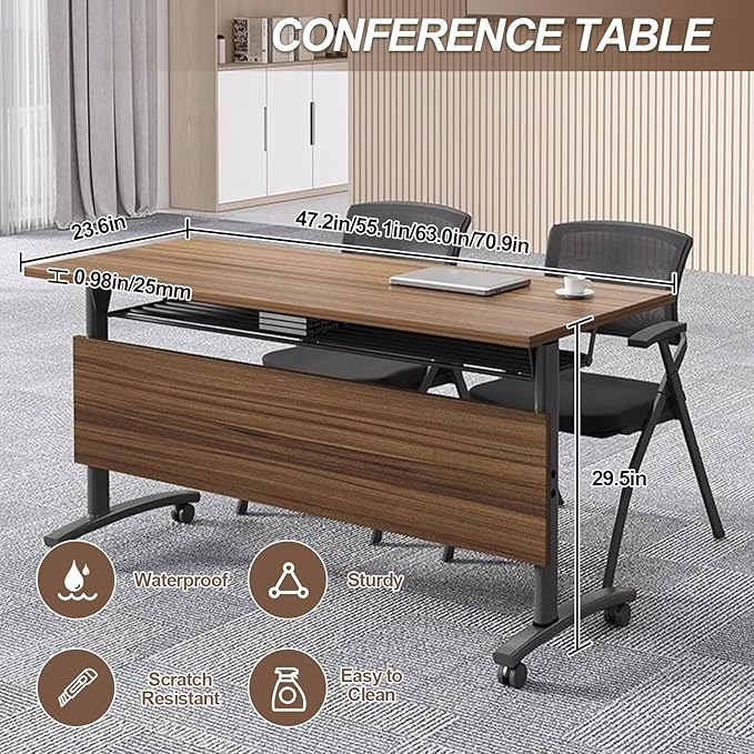 Folding Conference Room Table, Modern Conference Tables with Wheels, Large Rectangular Mobile Training Tables for Office Classroom, Foldable Modular Boardroom Seminar Table Walnut (2pack L55.1in)