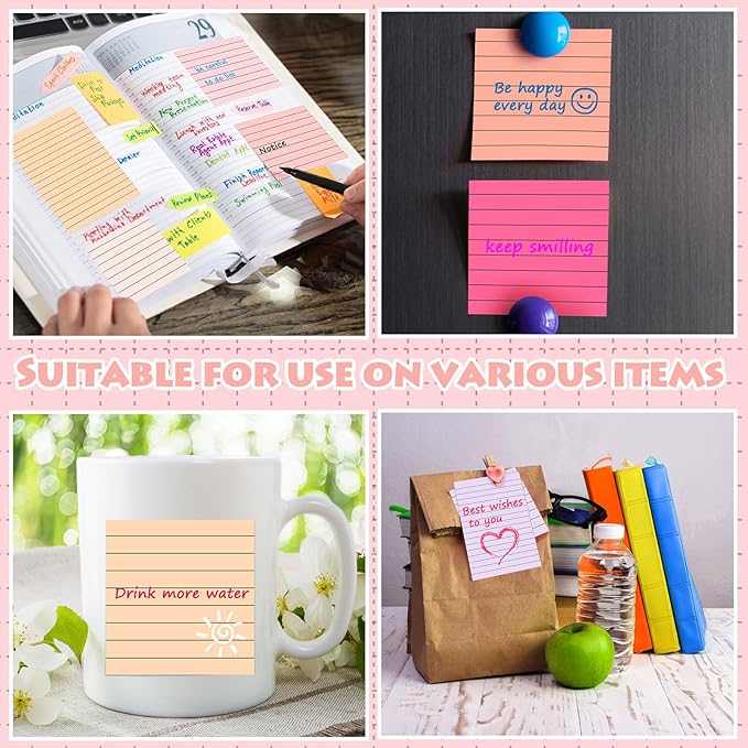 Yexiya 64 Pcs Lined Sticky Notes Self Stick Notes with Lines Bright Assorted Colors Sticky Pad for Home Office Products Post Memos, 1920 Sheets(4 x 6 Inch, 3 x 3 Inch,Fashion Color)