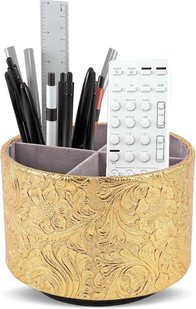 lizimandu Round Leather Art Supply Organizer,Remote Control Holder,360 Degree Spinning,Multi-Functional Pencil Holder,4 Compartments Desktop Stationary Organizer(1-Carved Gold)