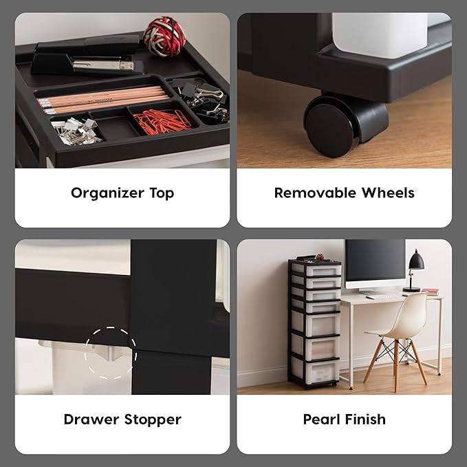 IRIS USA Plastic Drawer Storage Organizer Rolling Cart, with Wheels Casters, 7-Drawers, for Classroom Art Craft Supplies Dresser Closet Bathroom Bedroom, Top Organizer for Small Parts, Black/Pearl
